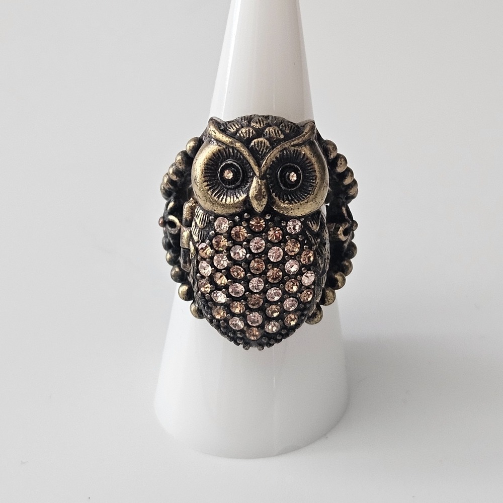 Fossil Owl Locket Ring Crystal Statement Cocktail Size 8